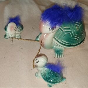 vintage Japan Ceramic Turtle Family Chained With Fur